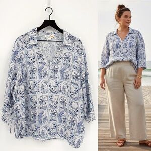 C&C California Linen Coastal Stamped Tiles Delft Blouse Top 2X
